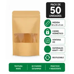 GENERICO - 50 Bolsas papel Kraft 10x15x3 cm con ventana cierre hermético