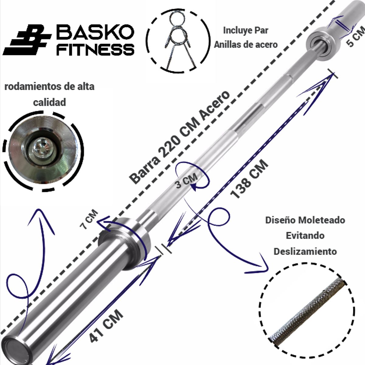 BASKO FITNESS - Barra Olímpica 20 Kg X 220 Cm