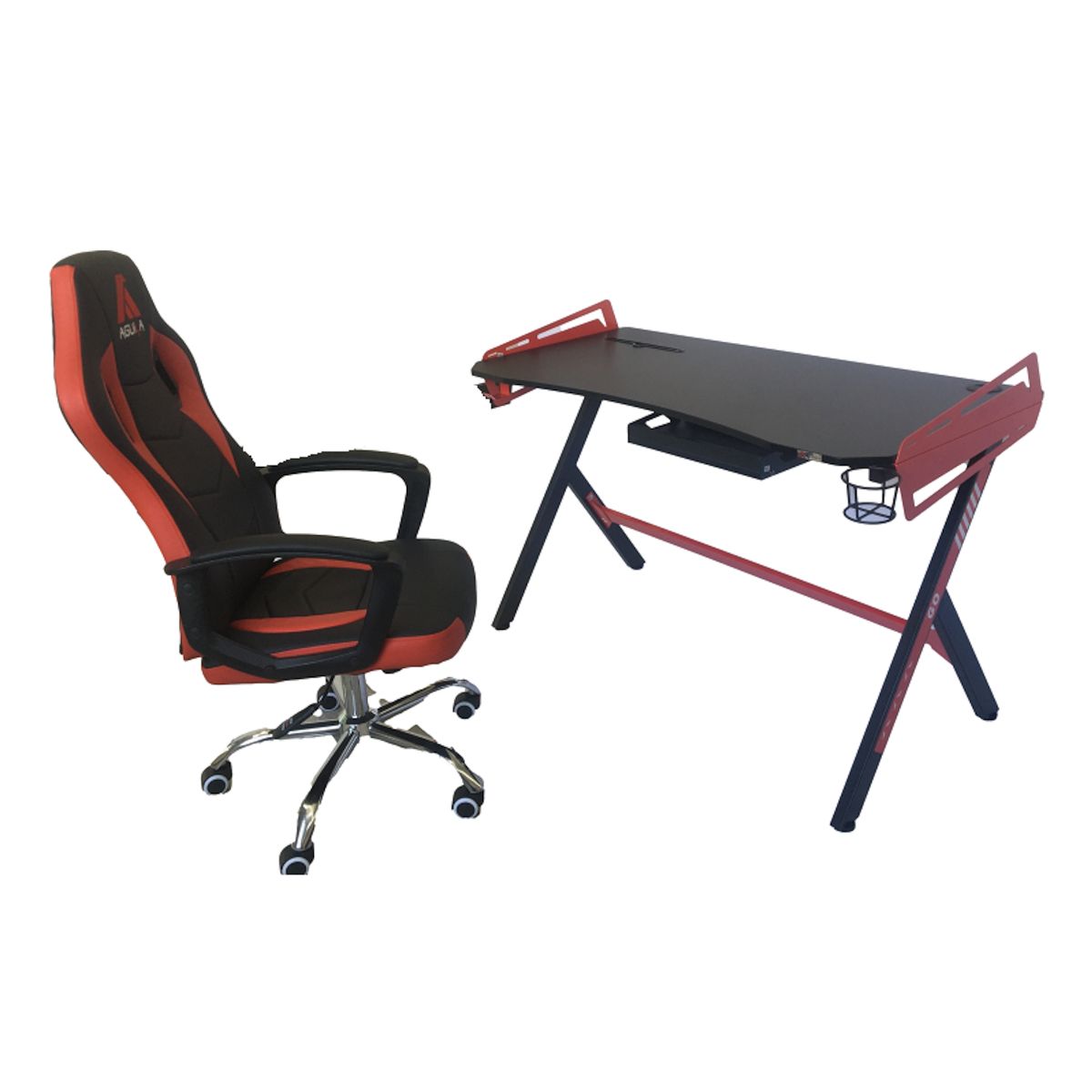 AGUILA - Escritorio Gamer S2105 Pro con Bandeja Teclado y Efecto Fibra de Carbono - Negro y Rojo