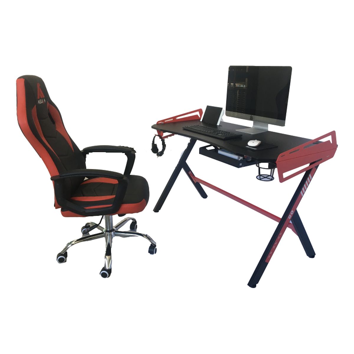 AGUILA - Escritorio Gamer S2105 Pro con Bandeja Teclado y Efecto Fibra de Carbono - Negro y Rojo