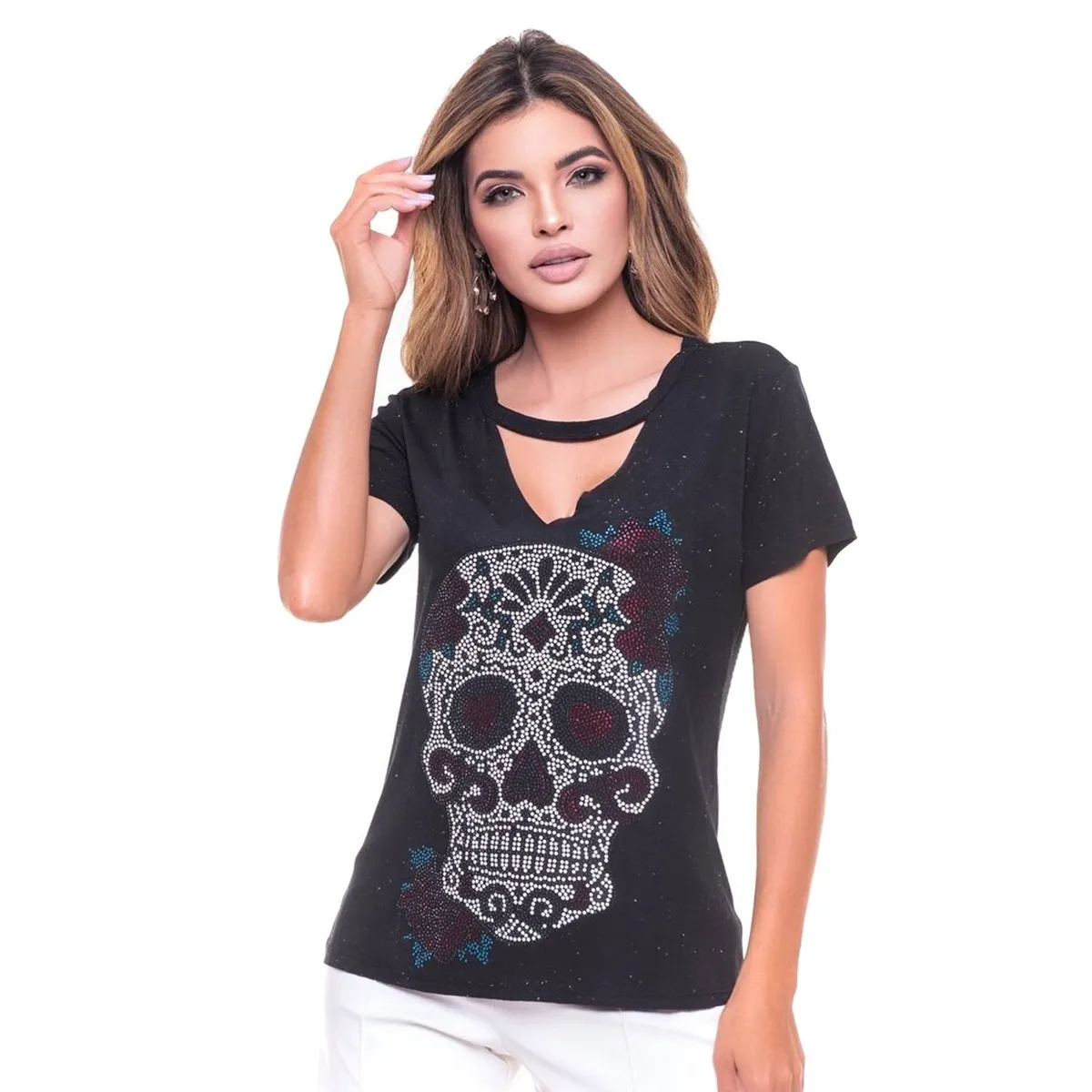 ROCK CAVIAR - Polera Choker Pedreria Woman Skull Black Rc-12