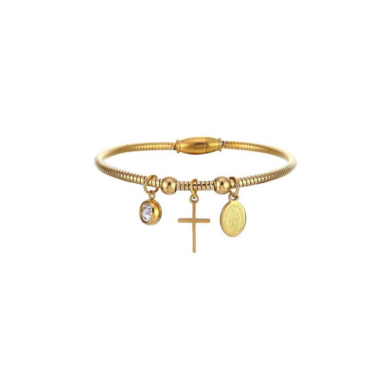 ELBAULDEJUMA - Pulsera magnetica Virgen Guadalupe y Cruz acero chapado oro 18kl