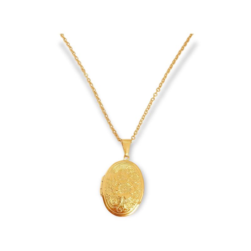 ELBAULDEJUMA - Colgante Ovalo relieve Flores Relicario chapado en oro 18kl
