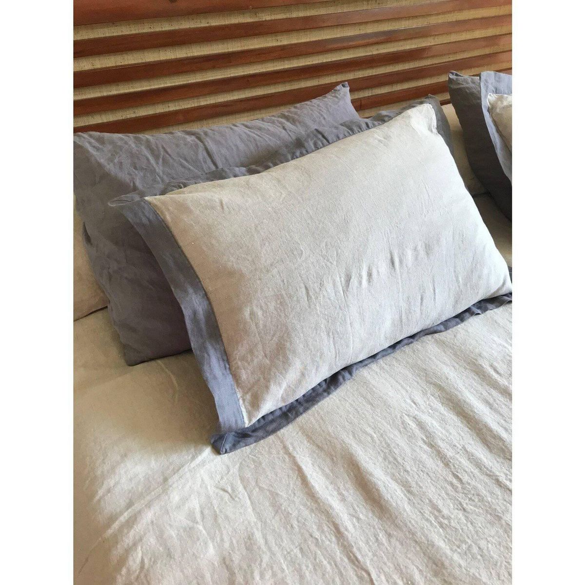 PUROLINO - Funda de Almohada Lino Natural con borde Gris