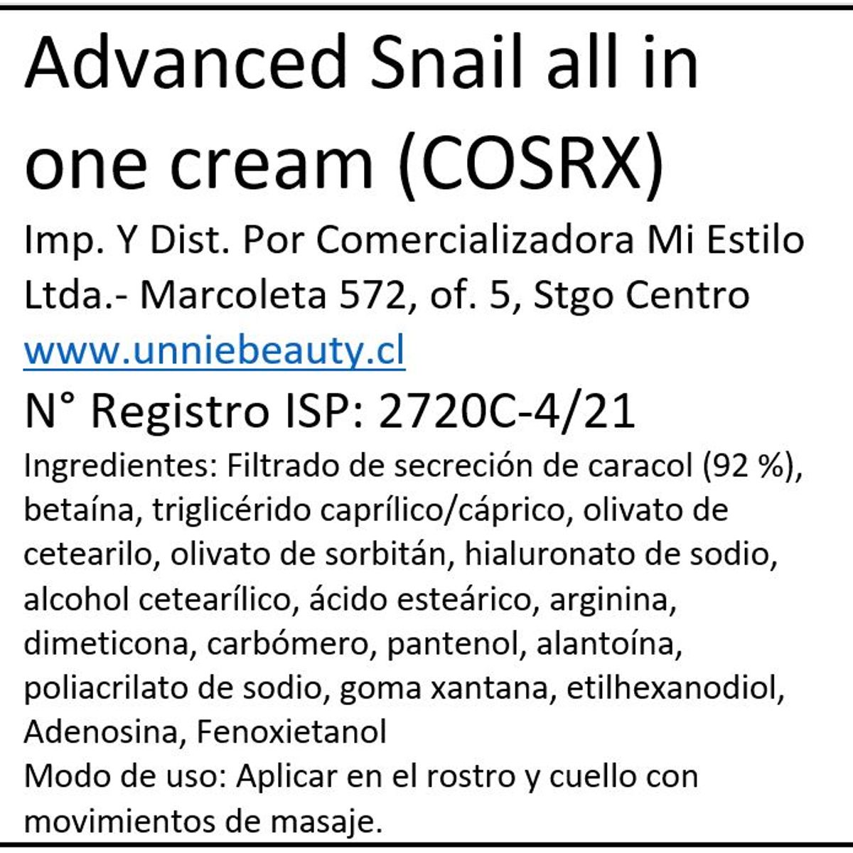 COSRX - Crema 92 porciento Baba De Caracol - Cosrx 100Ml.,