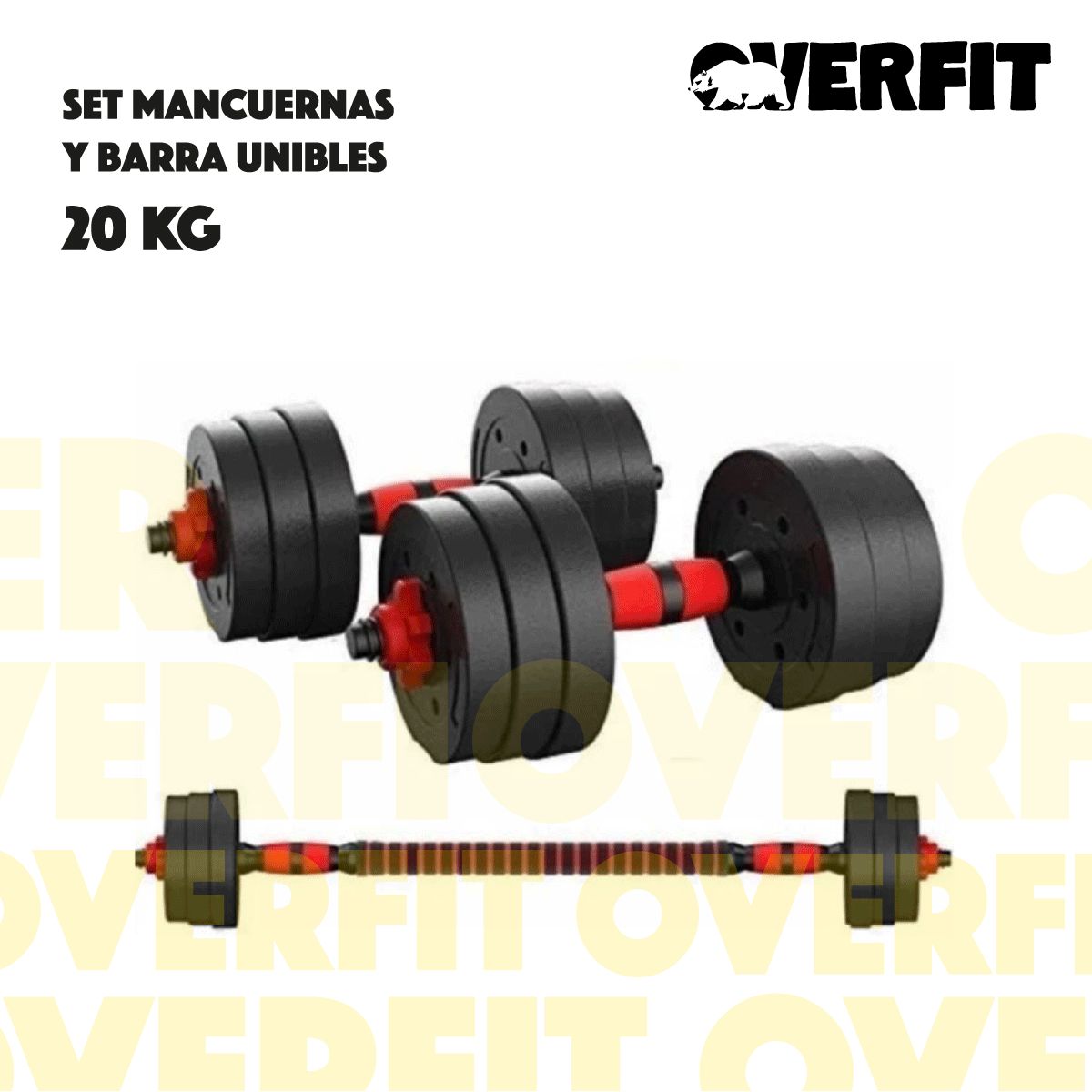 OVERFIT - Set mancuernas y barra unibles 20kg ajustables