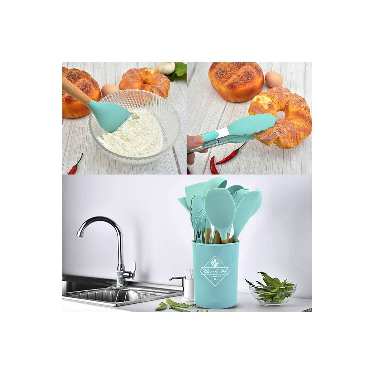 CRUSEC - Set 11 Utensilios De Cocina Antiadherentes De Silicona - Verde