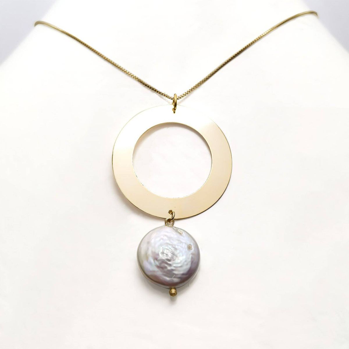 COGGIOLA - Collar Perla Coin Disco 50cm Enchapado Oro 18K