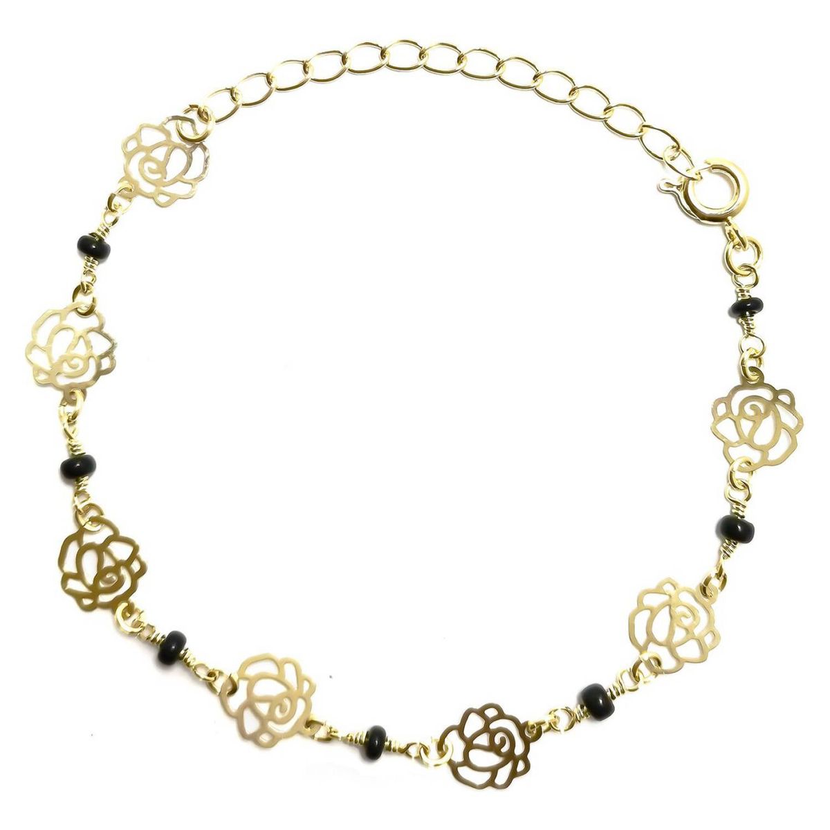 COGGIOLA - Pulsera Rosas Mostacillas Negras Enchapado Oro 18K