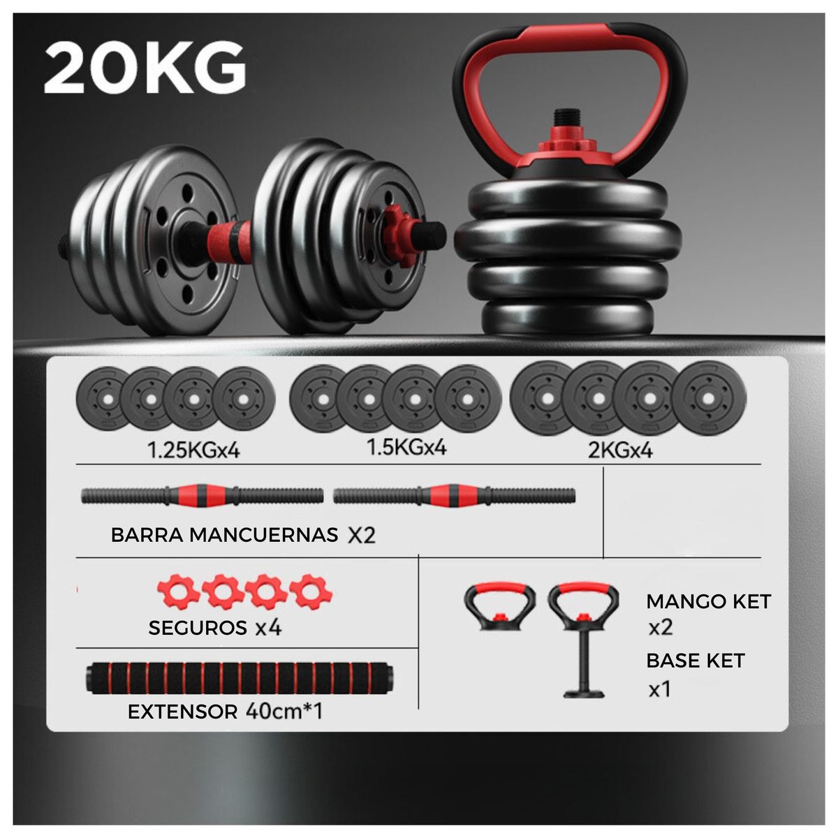 YEP S - Set Mancuernas 20 kg Barra Ajustables 3 en 1