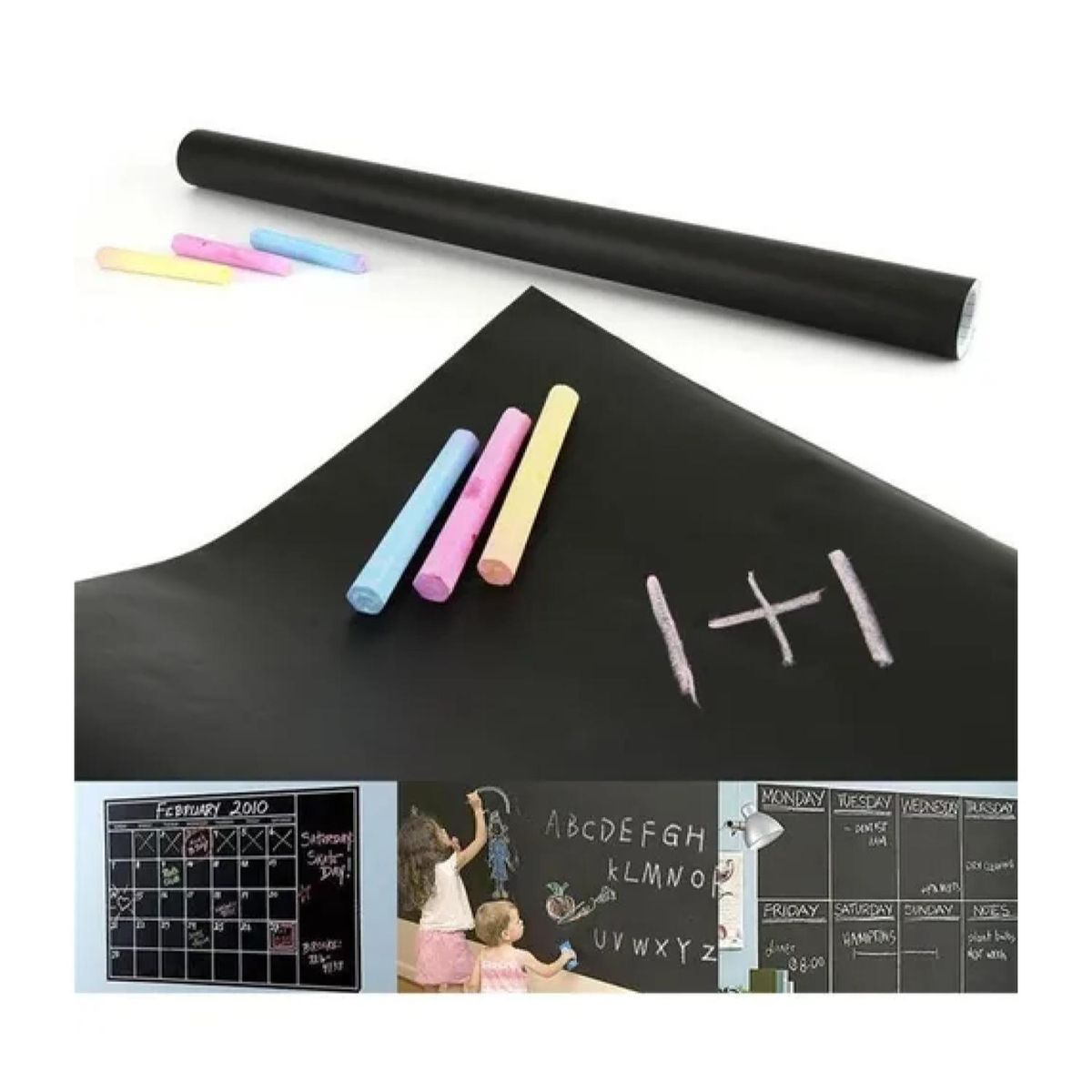 DBLUE - Pizarra Adhesiva Negra Para Tiza 200x60Cm Negra Con Tizas