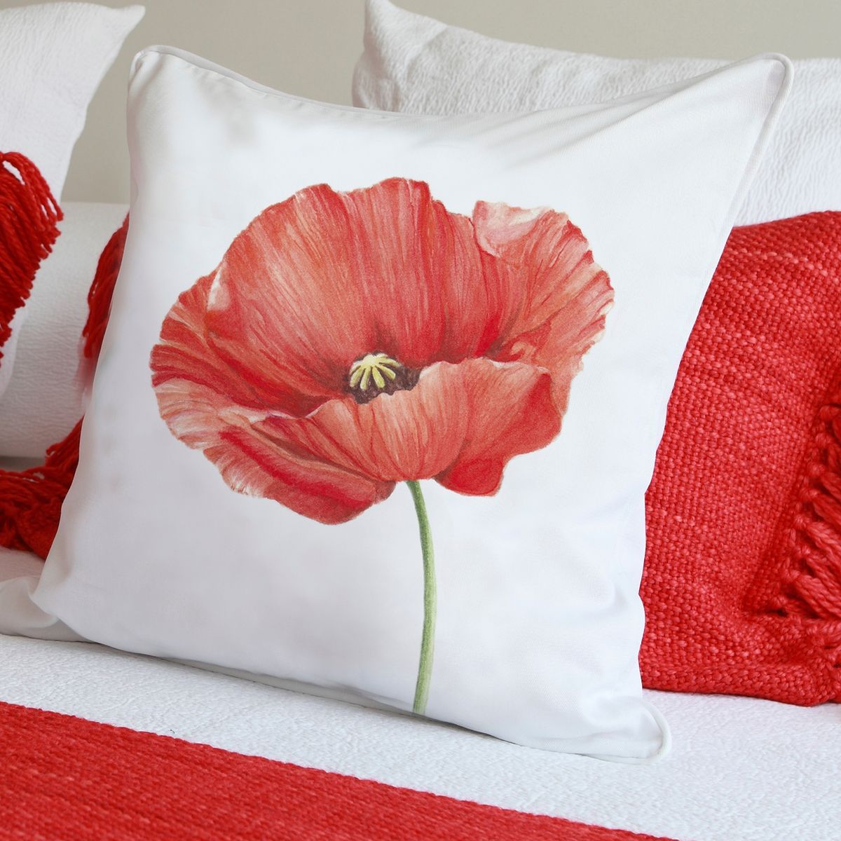 MARGARITA SCHEEL BY CASA ALVARINHO - FUNDA COJÍN ALGODÓN AMAPOLA ROJA ABIERTA 45X45