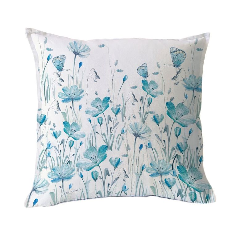 FUNDA COJIN ALGODON FLORCITAS Y MARIPOSAS TURQUESA 45X45