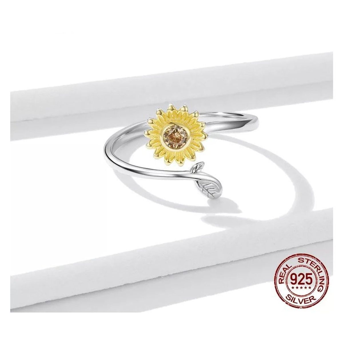 GENERICO - Anillo plata 925 girasol con circón ajustable