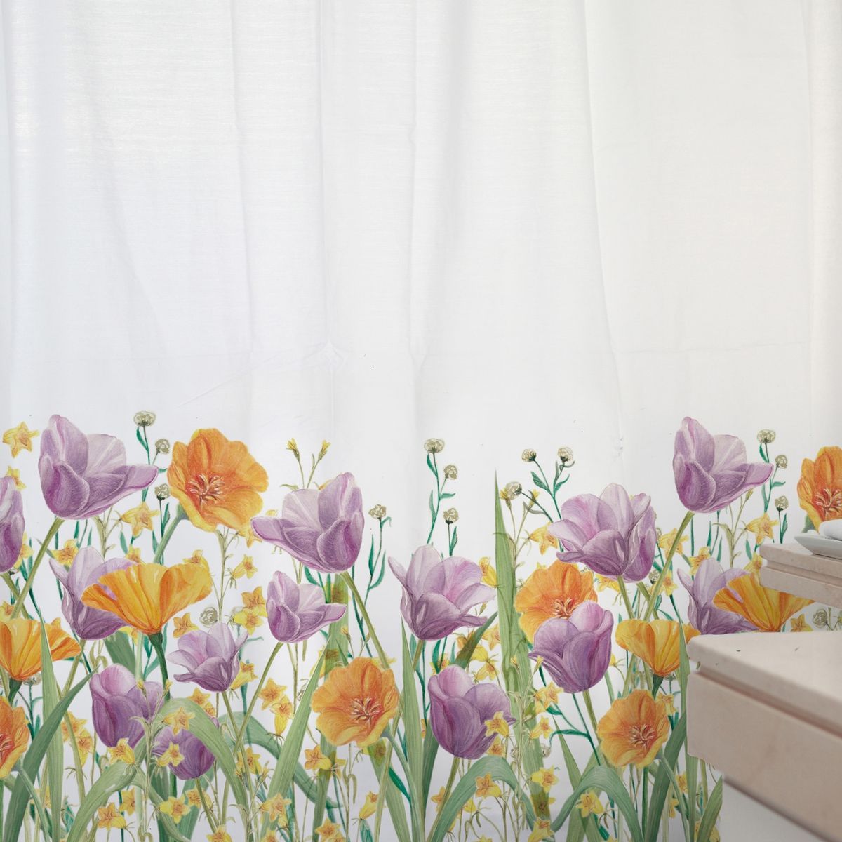 MARGARITA SCHEEL BY CASA ALVARINHO - CORTINA DE BAÑO ALGODÓN JARDÍN DE FLORES TULIPÁN LILA