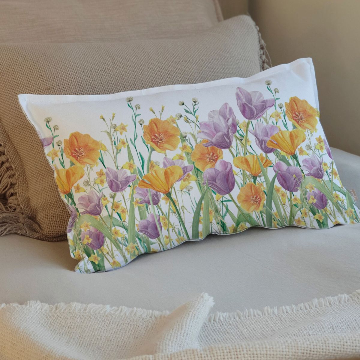 MARGARITA SCHEEL BY CASA ALVARINHO - FUNDA COJÍN ALGODÓN JARDÍN DE FLORES TULIPÁN LILA 50X30