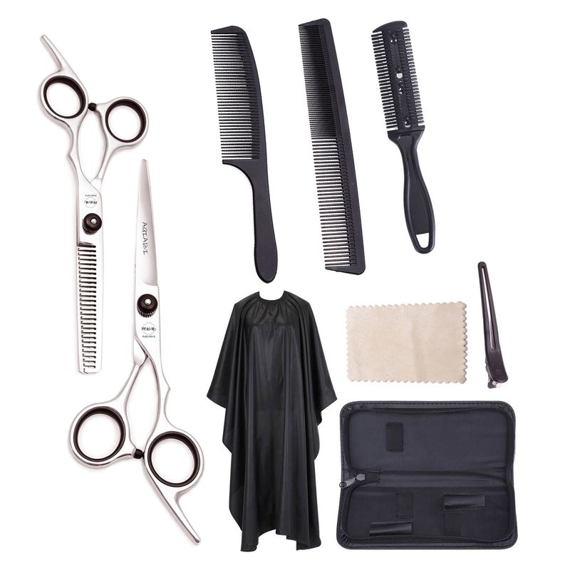 GENERICO - Set Tijeras peluquero hogar con peines estuche y capa