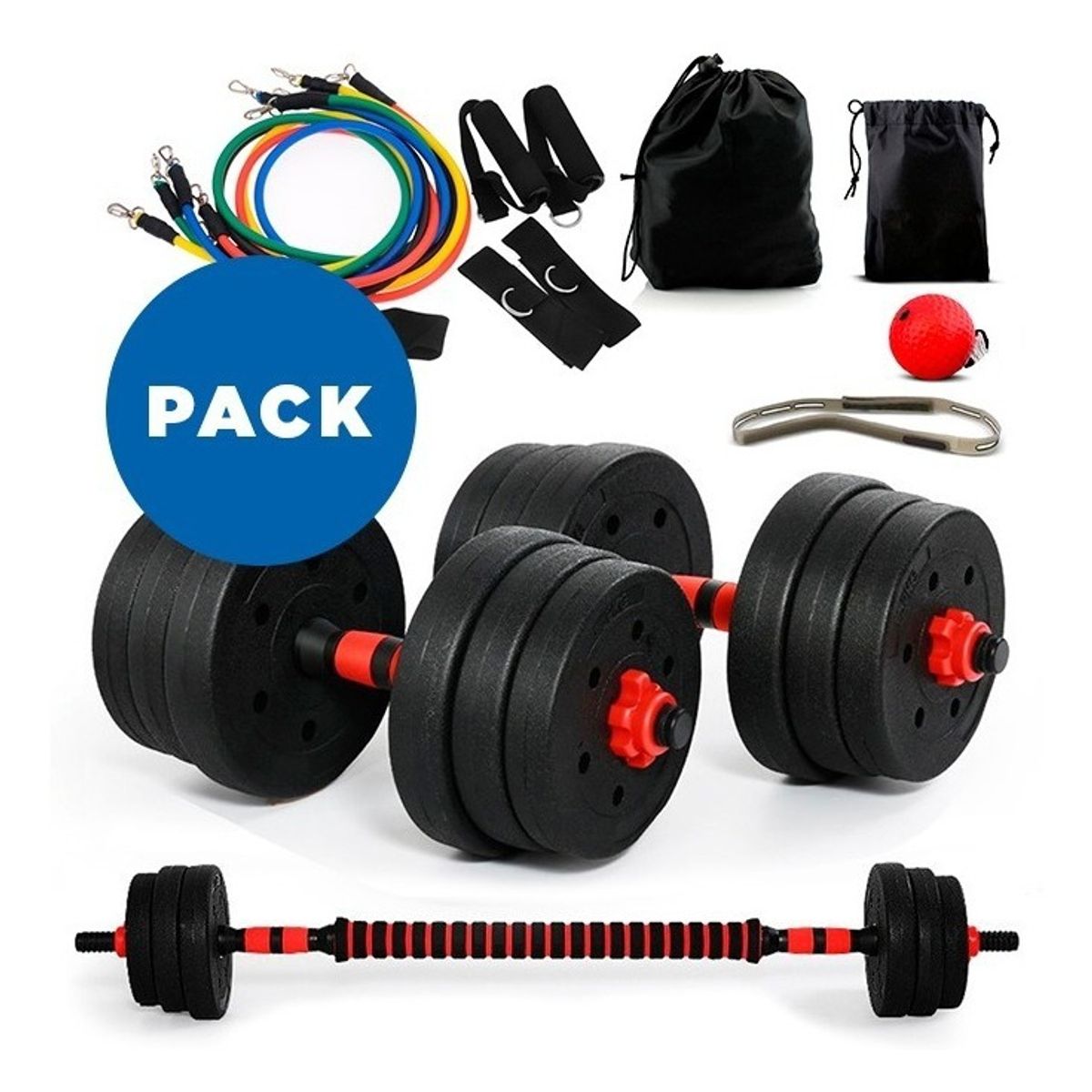 GENERICO - Pack Mancuernas 20 Kg Unión Barra + Boxeo + Kit 11 pz