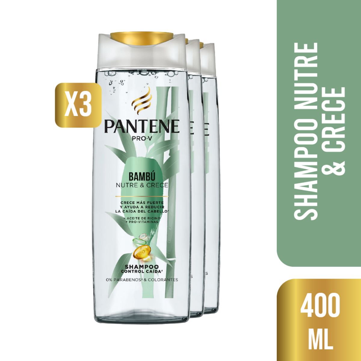 PANTENE - Pack 3 Shampoo Pantene Pro-V Bambú Nutre & Crece 400ml