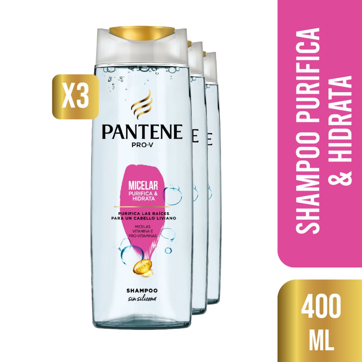 PANTENE - Pack 3 Shampoo Pantene Pro-V Micelar Purifica&Hidrata 400ml