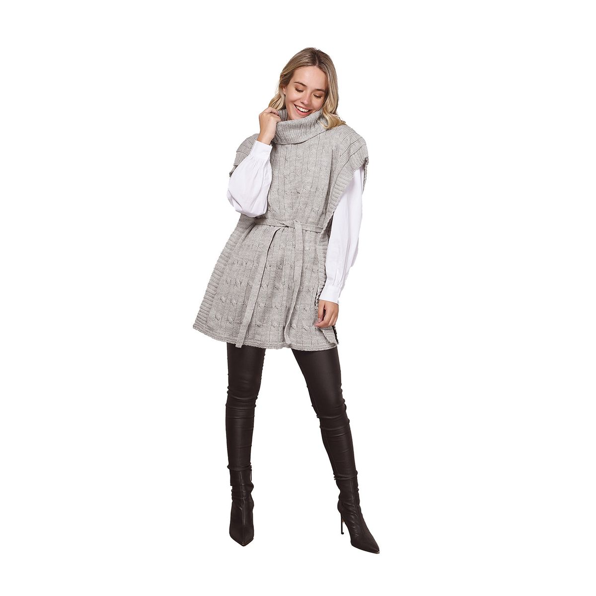 ONNORA - Poncho Cuello Tortuga con Lazo y Trenzas Delanteras