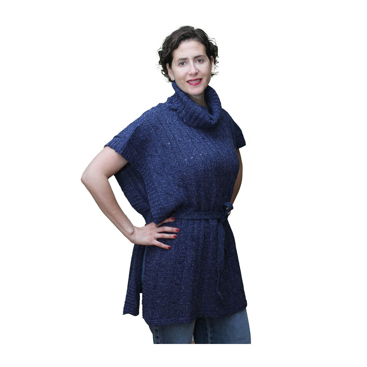 ONNORA - Poncho Cuello Tortuga con Lazo y Trenzas Delanteras