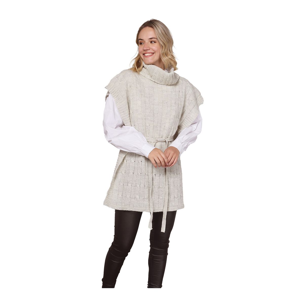 ONNORA - Poncho Cuello Tortuga con Lazo y Trenzas Delanteras