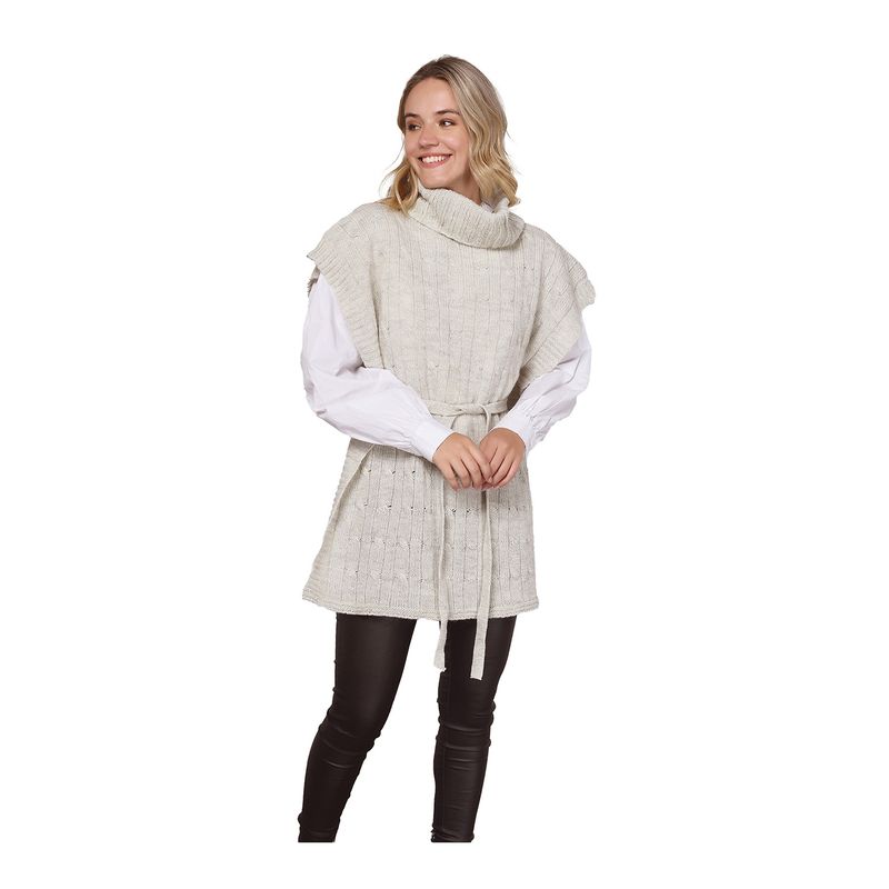 ONNORA - Poncho Cuello Tortuga con Lazo y Trenzas Delanteras