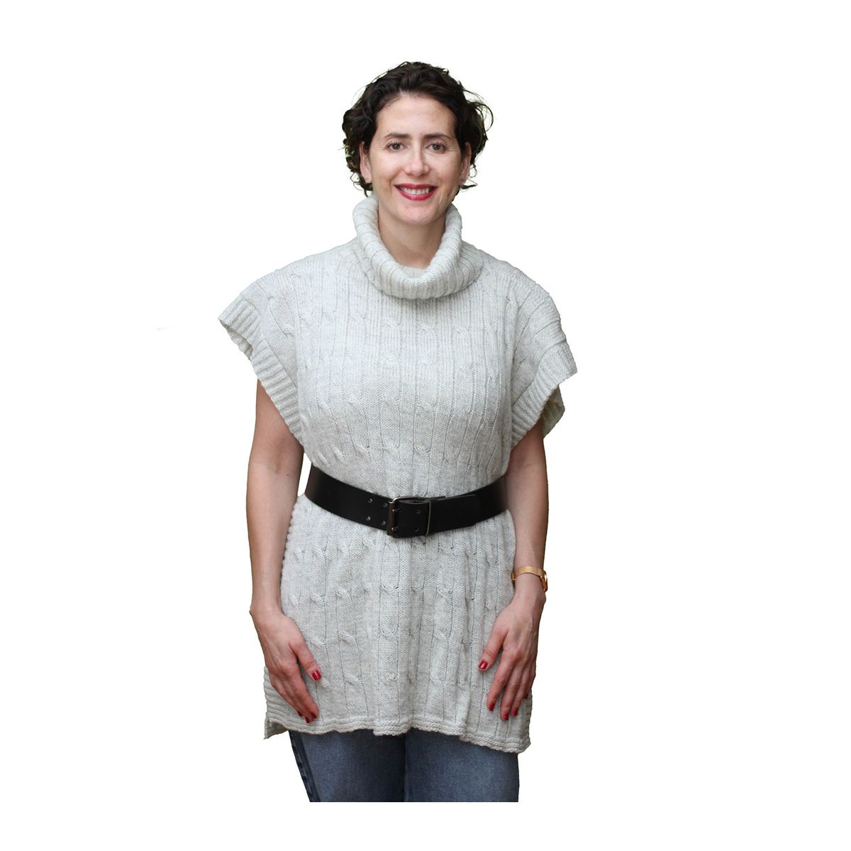 ONNORA - Poncho Cuello Tortuga con Lazo y Trenzas Delanteras