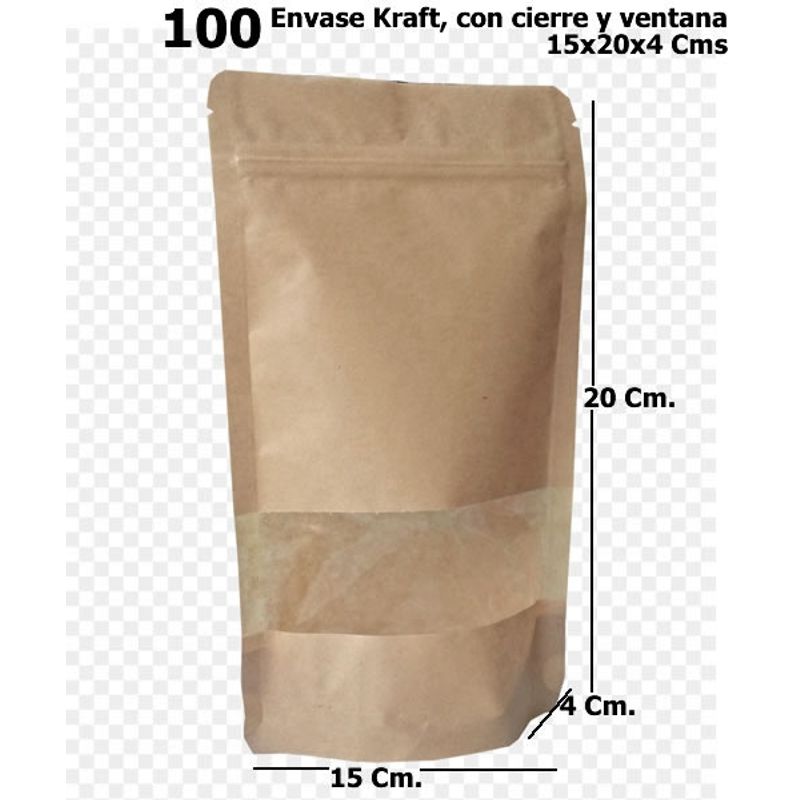 GENERICO - 100 Bolsas Papel Kraft 15x20x4cm. Cierre Hermético Y Ventana