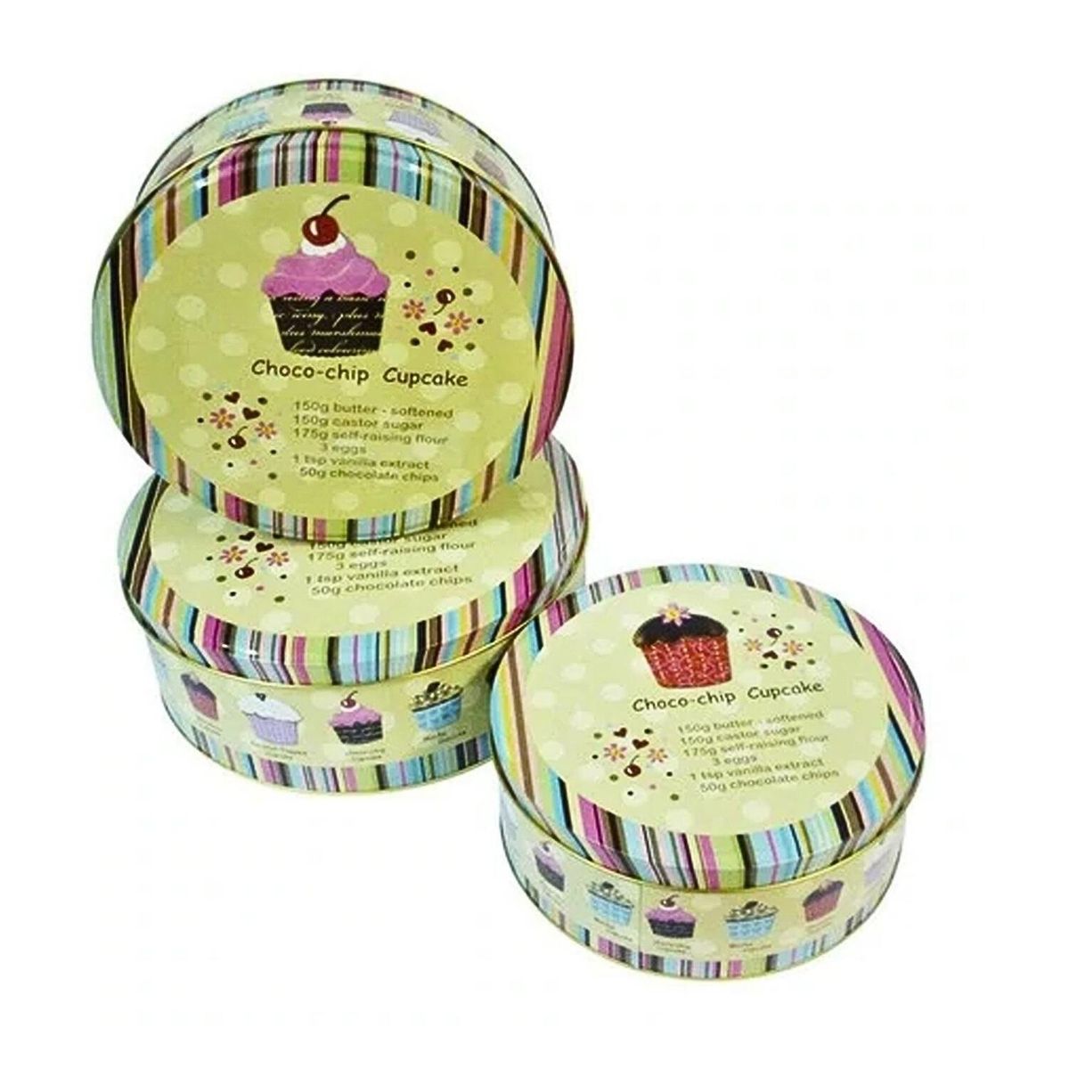 SOHOGAR - Set de 3 canister redondos de metal diseño cupcakes