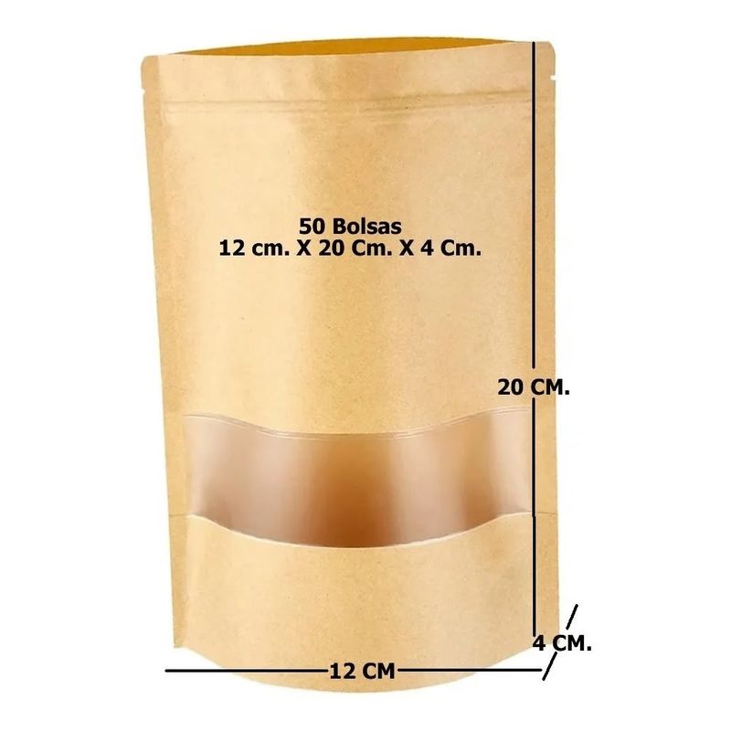 GENERICO - 50 Bolsas Papel Kraft Doypack 12x20x4 Cms Cierre Hermetico