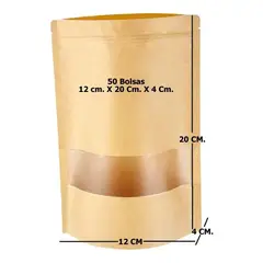 GENERICO - 50 Bolsas Papel Kraft Doypack 12x20x4 Cms Cierre Hermetico