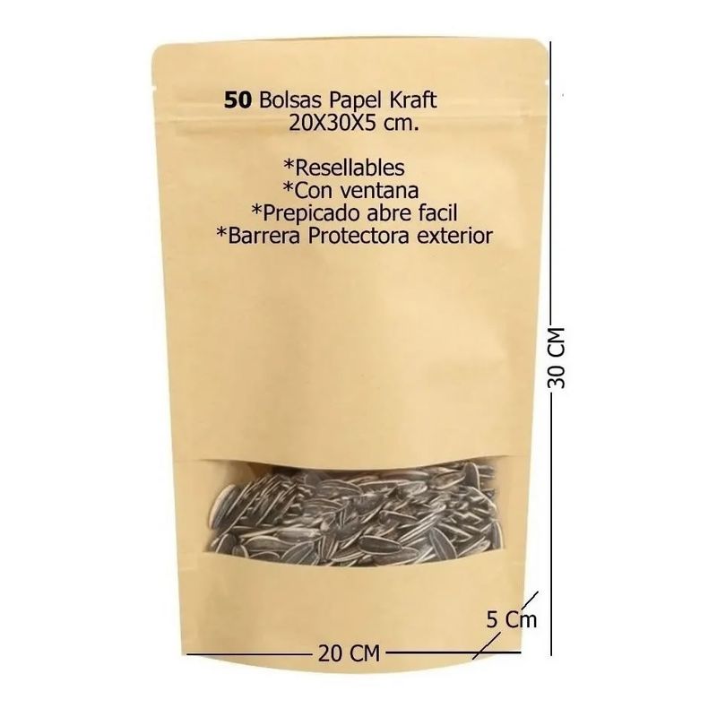 GENERICO - 50 Bolsas Papel Kraft Doypack 20x30x5 Cms Cierre Hermetico