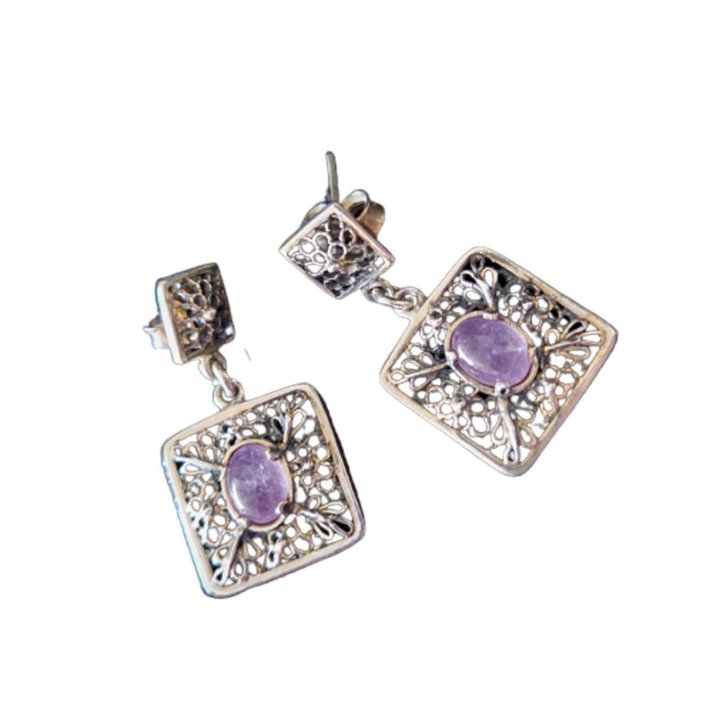 MOR JOYAS - Aro Colgante Plata Envejecida Ley 925 / Cuadrado Floral
