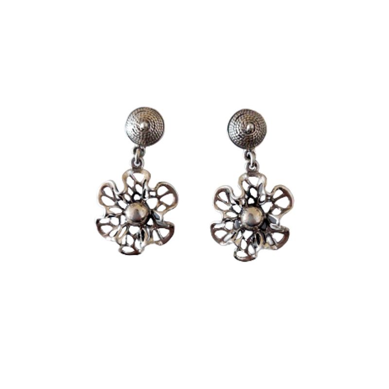 MOR JOYAS - Aro Colgante Plata Envejecida Ley 925 / Flor Malla