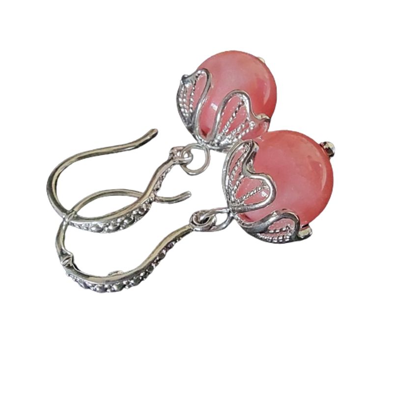 MOR JOYAS - Aro Colgante Plata Ley 950 / Flor Colgante Cuarzo Rosado