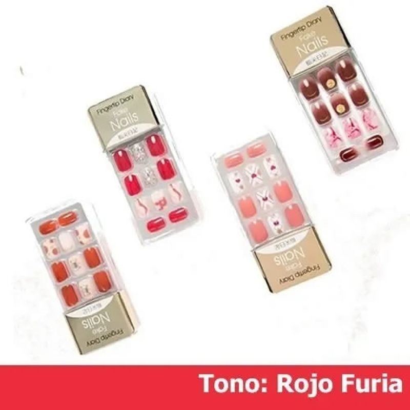 GENERICO - Uñas Postizas Press On Con Diseño Y Adhesiv 30 Un. Rojo Furia