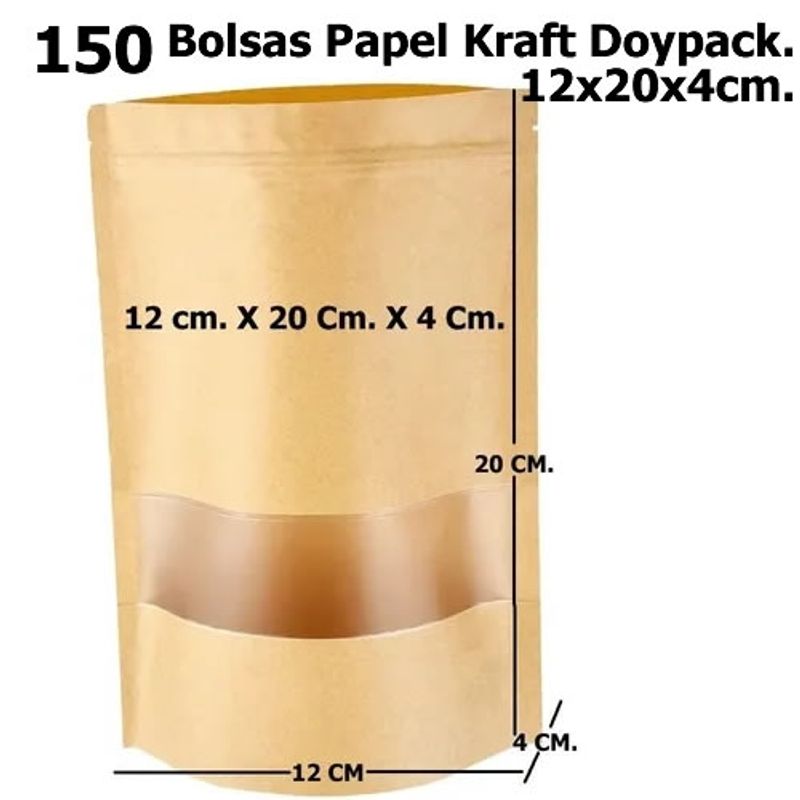 GENERICO - 150 Bolsas Papel Kraft 12x20x4cm Cierre Hermetico. Doypack
