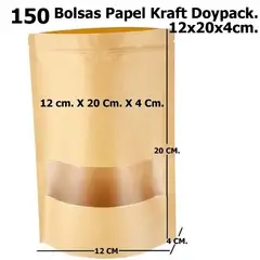 GENERICO - 150 Bolsas Papel Kraft 12x20x4cm Cierre Hermetico. Doypack
