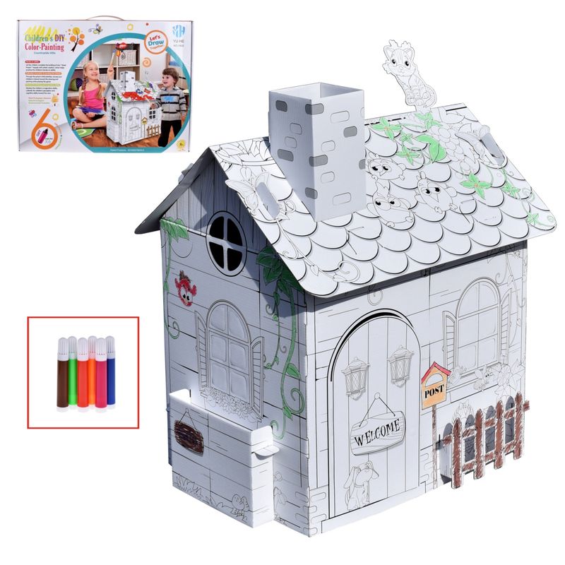 ANSALDO - CASA DE CARTON ARMABLE DE 54X54X64 CMS PARA PINTAR CON 6 PLUMONES