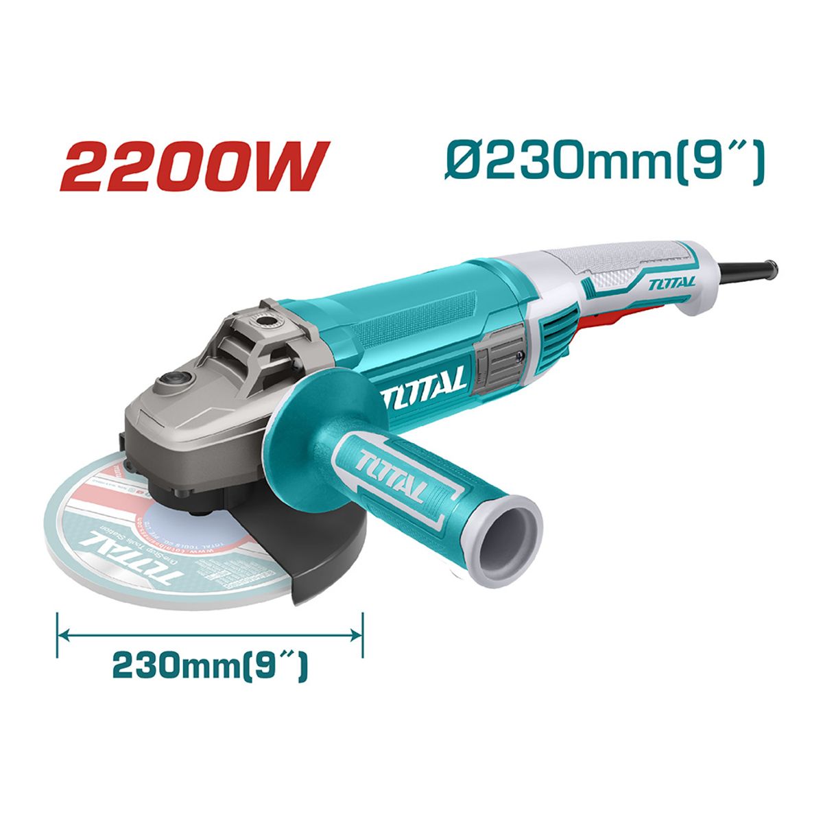 TOTAL TOOLS - Esmeril Angular 9 Pulgadas Industrial 2200w + 2 Accesorios TOTAL