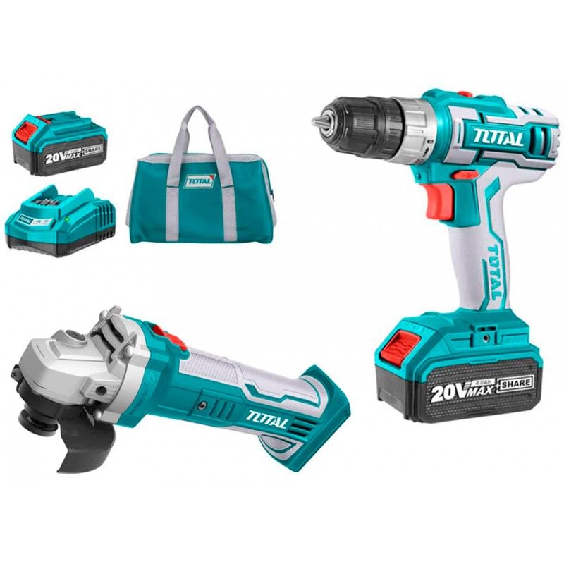 TOTAL TOOLS - Taladro Inalámbrico 20v + Esmeril Ang Inalámbrico 20v Total