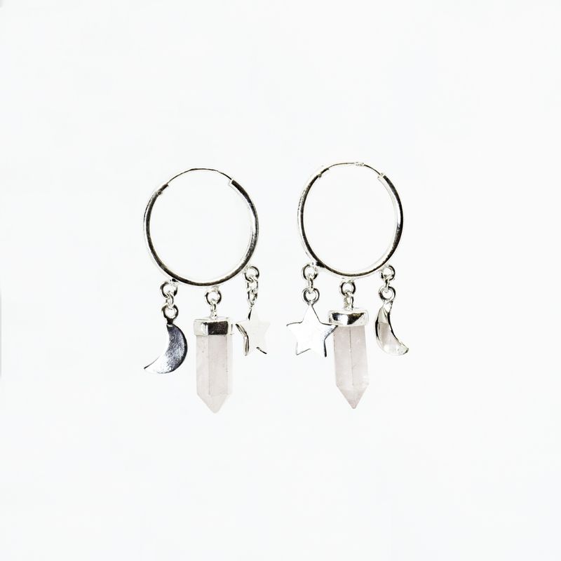 GENERICO - Aros Mujer Argolla 18mm estrella luna cuarzo rosa Plata Philippa Joyas