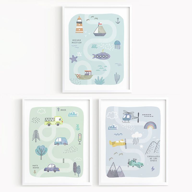 DECORACION PAJARITO - Trío de cuadros infantiles medios de transporte