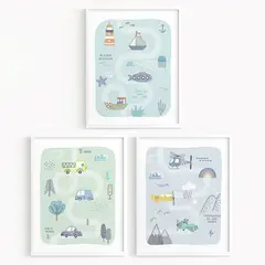 DECORACION PAJARITO - Trío de cuadros infantiles medios de transporte
