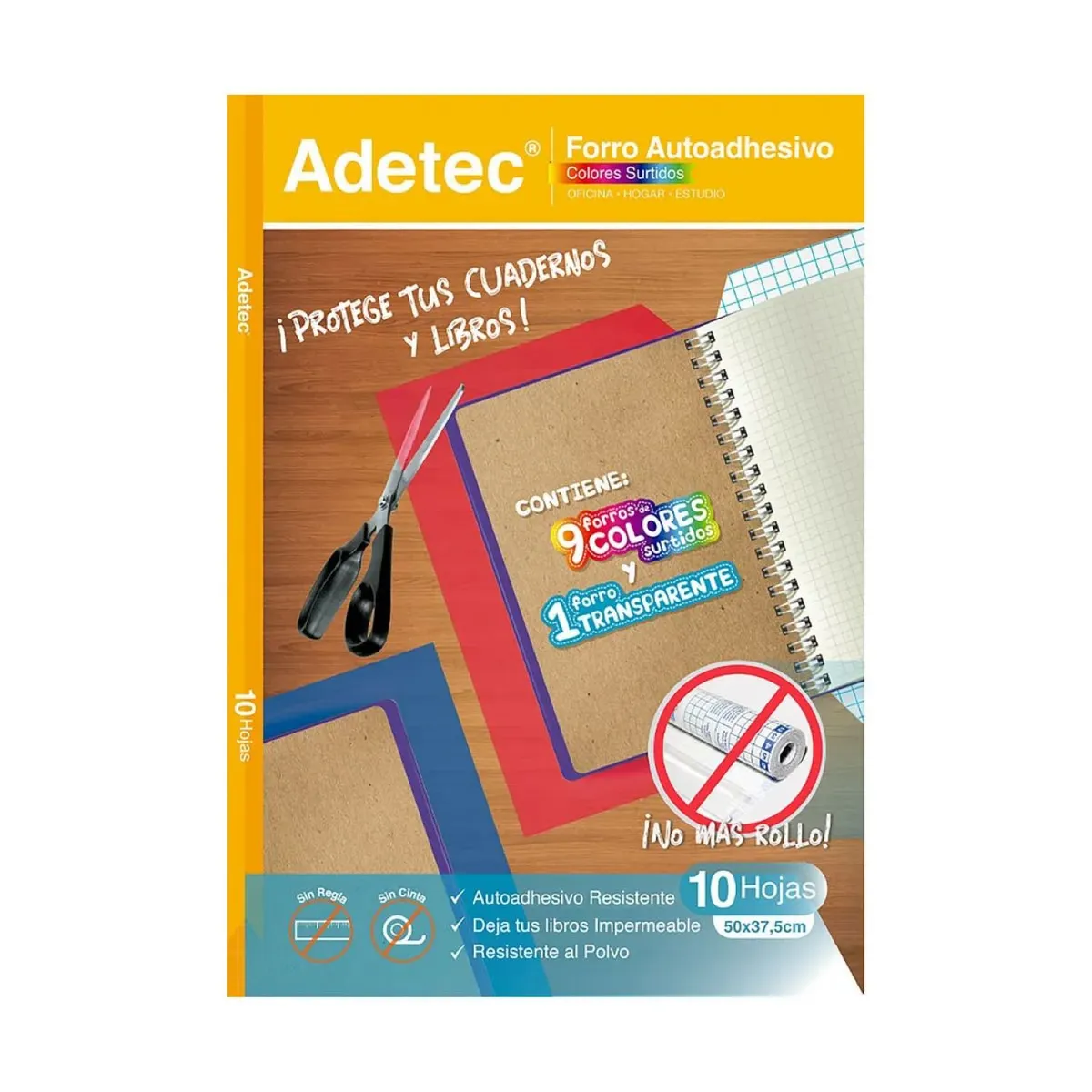ADETEC - Forro Para Cuadernos Autoadhesivo Mix 10 Colores 50 X 36 cm