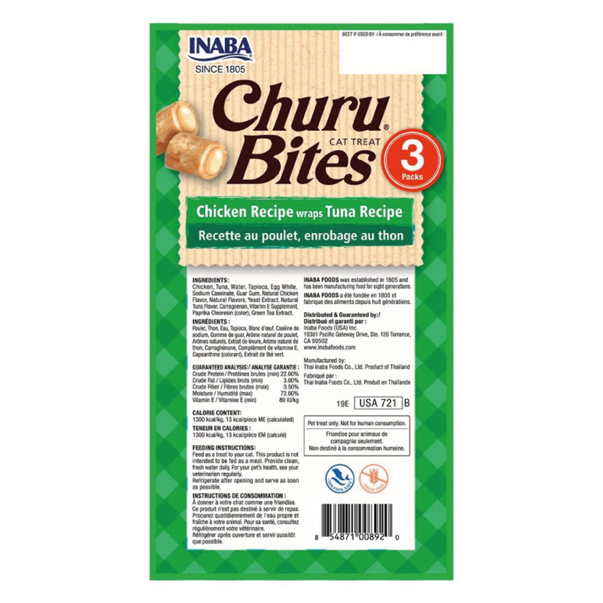 INABA - Snack Inaba Churu Bites Atun Envuelto en Pollo Gato, 3 Tubos