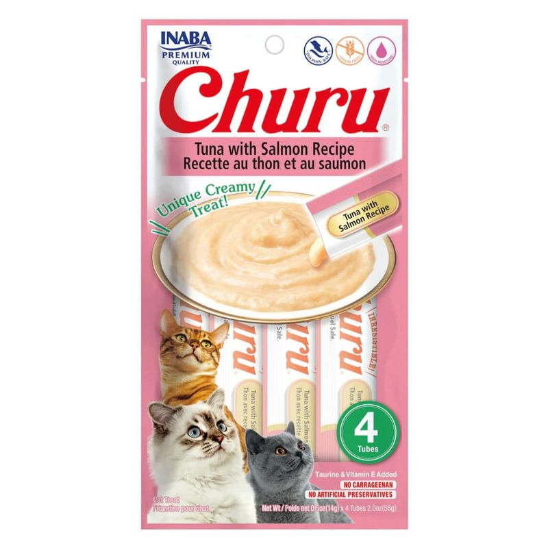 INABA - Inaba Churu Snack Gato Sabor Atún y Salmon, 4 Tubos