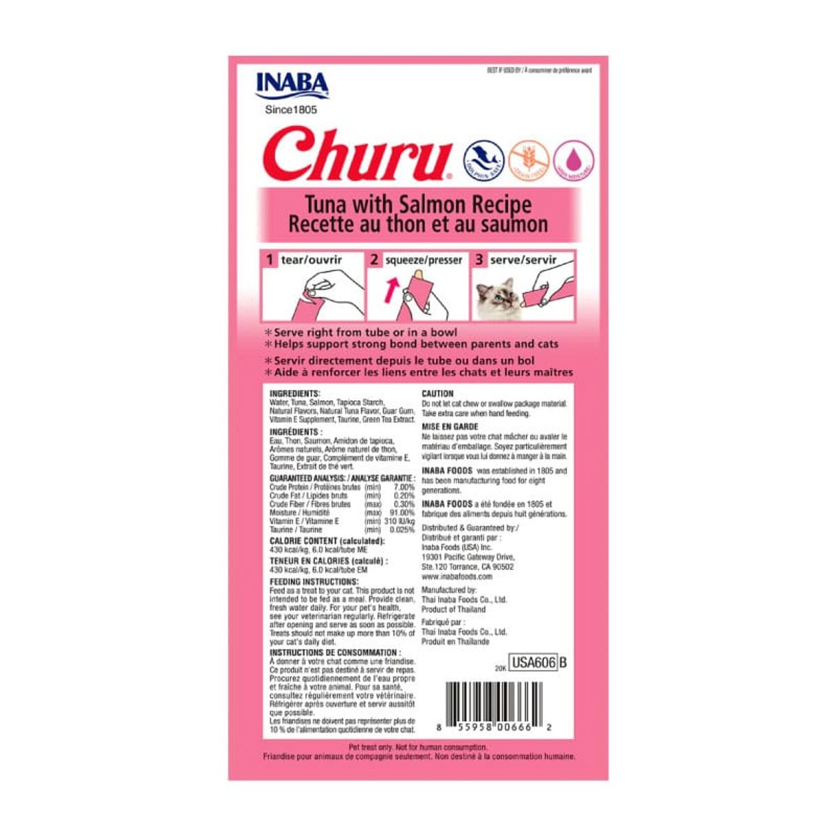 INABA - Snack Inaba Churu Gato Sabor Atún y Salmon, 4 Tubos